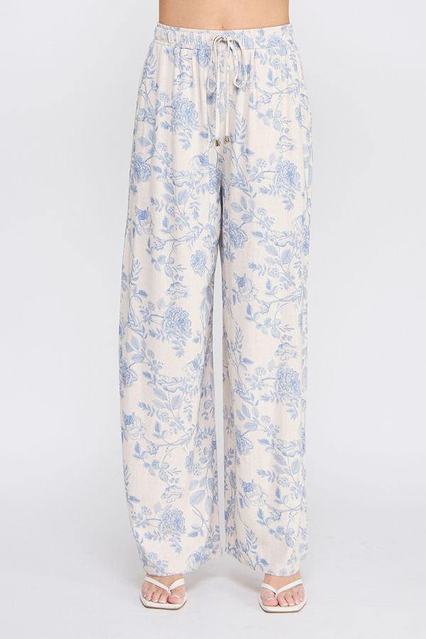 Allie Floral Linen Blend Pants - Blue Blossom