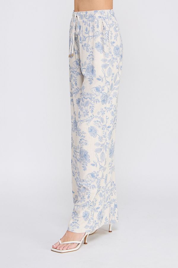 Allie Floral Linen Blend Pants - Blue Blossom