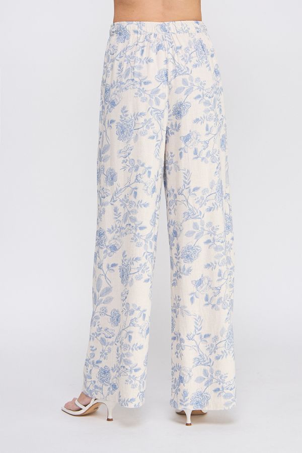 Allie Floral Linen Blend Pants - Blue Blossom