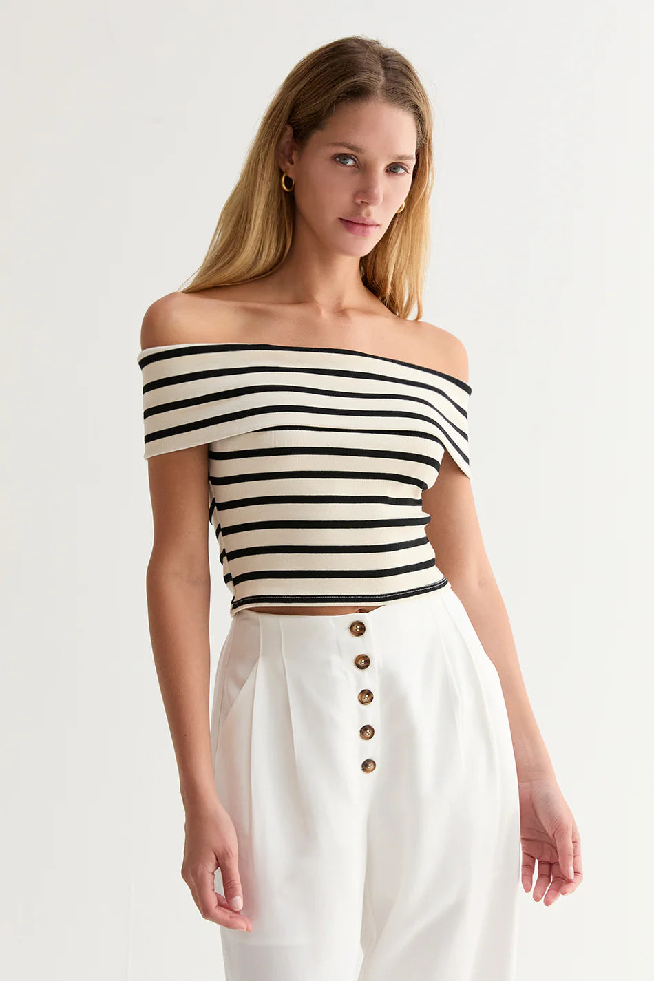 Brenda Striped Off-the-Shoulder Top - Cream/Black