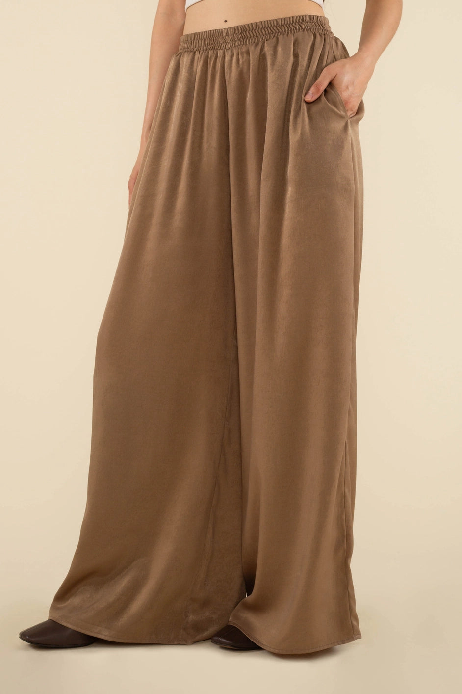 Briar Flowy Satin Wide Leg Pants - Cocoa