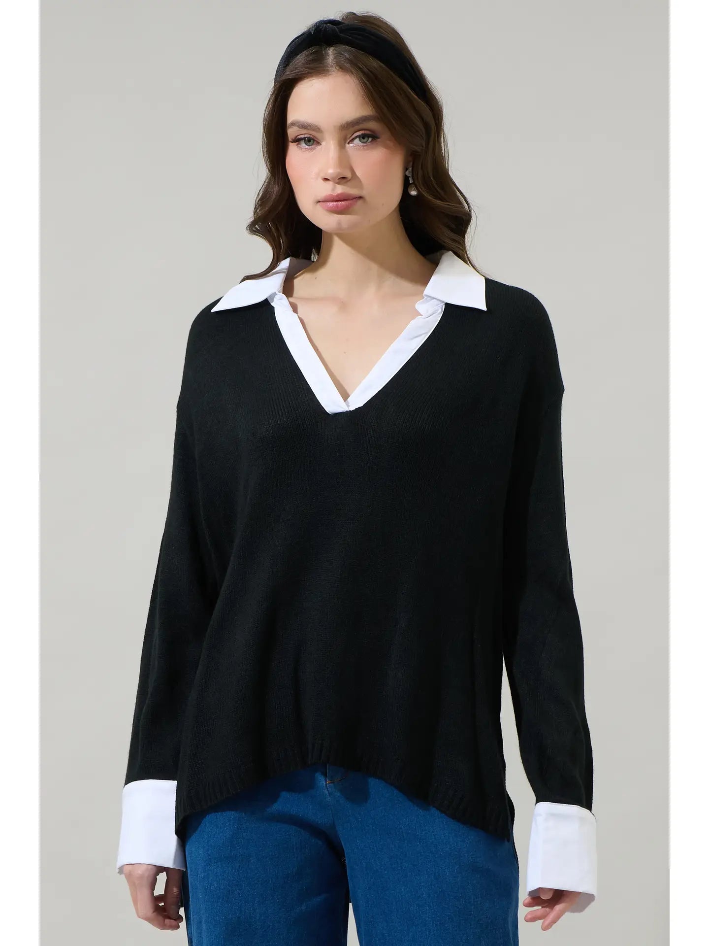 Brie Collared Shirt Sweater - Black/White