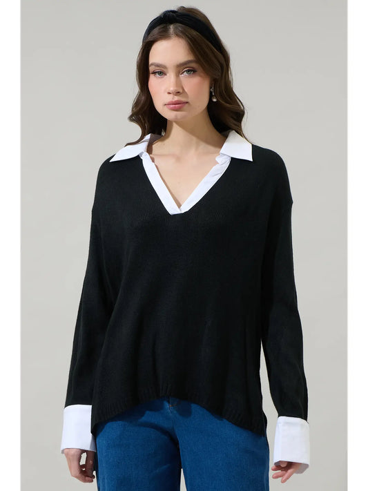 Brie Collared Shirt Sweater - Black/White