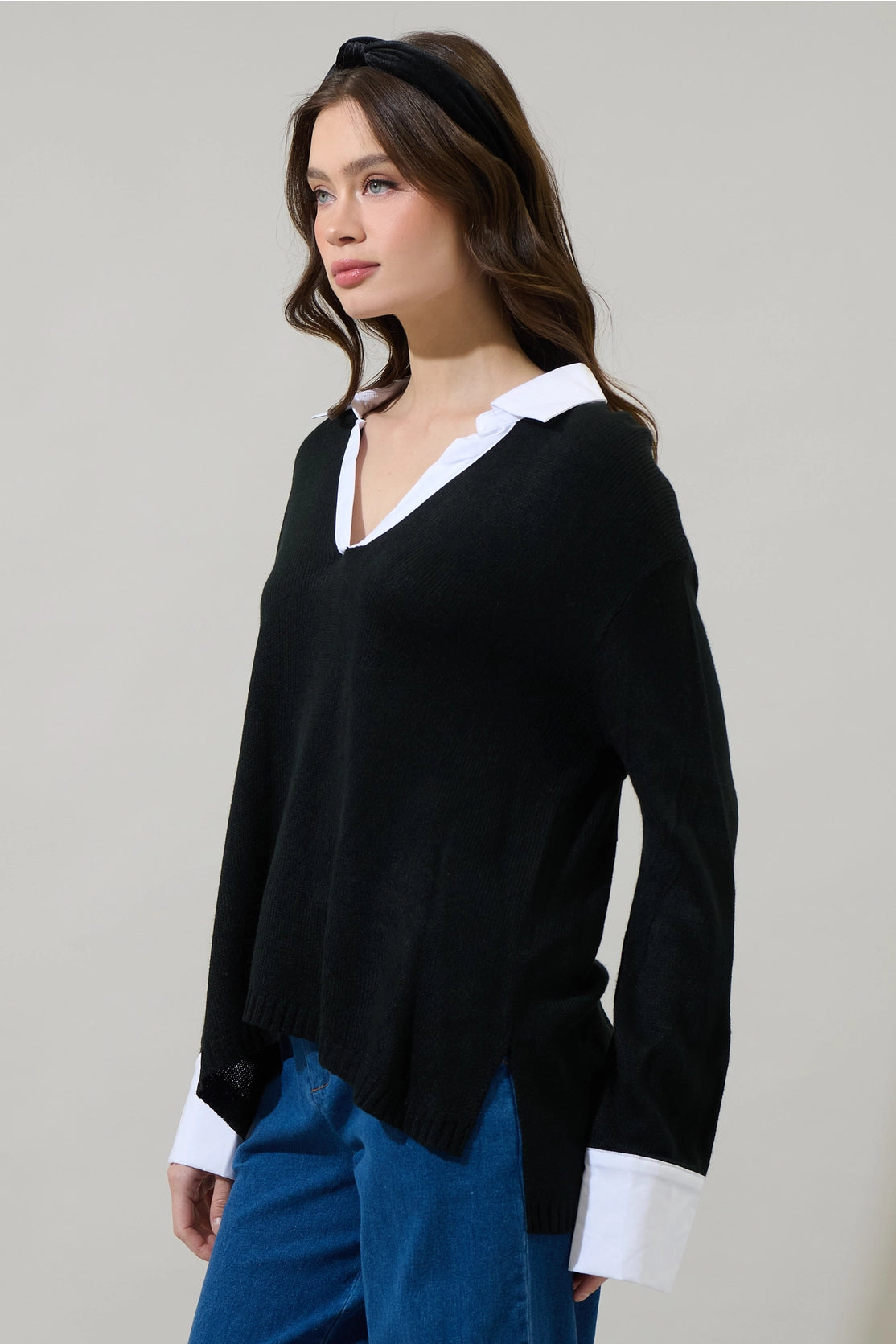 Brie Collared Shirt Sweater - Black/White