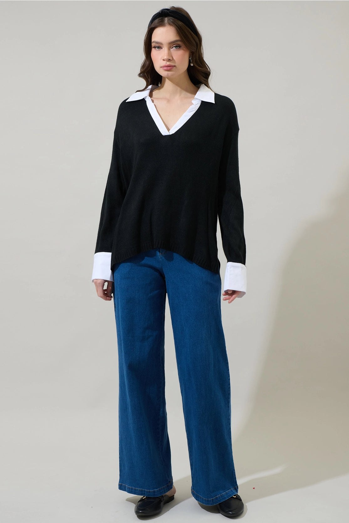 Brie Collared Shirt Sweater - Black/White