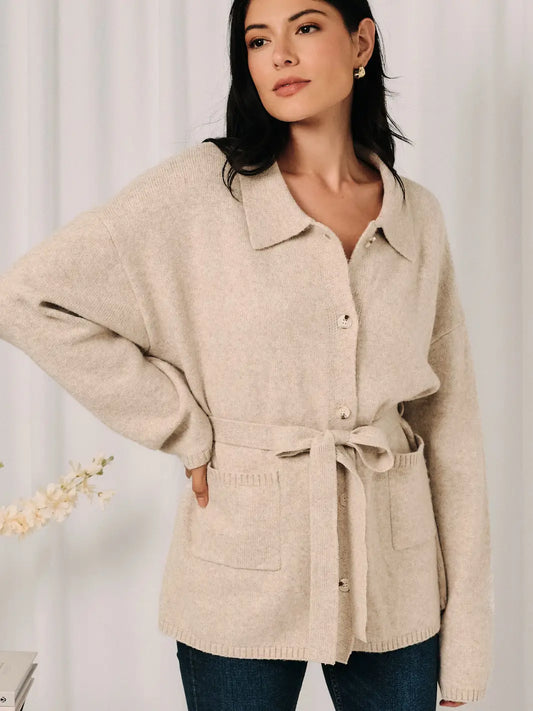 Colbie Button Down Front Tie Knit Cardigan - Oatmeal