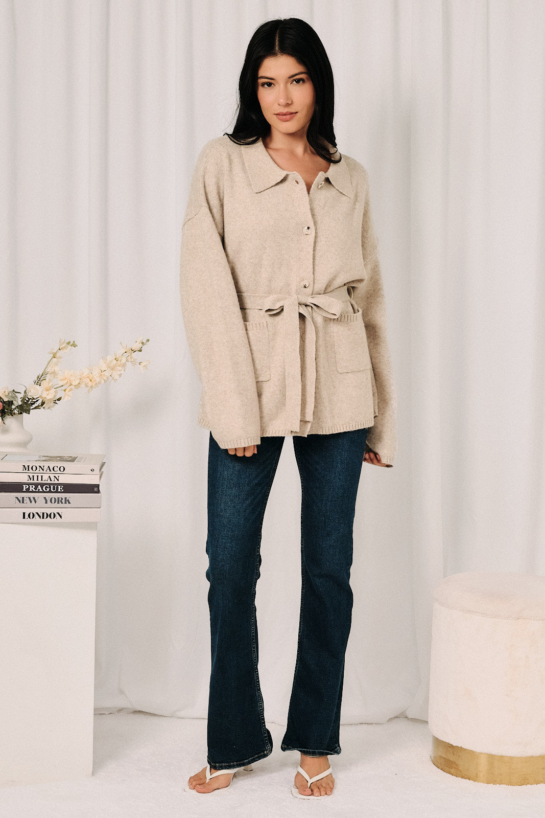 Colbie Button Down Front Tie Knit Cardigan - Oatmeal