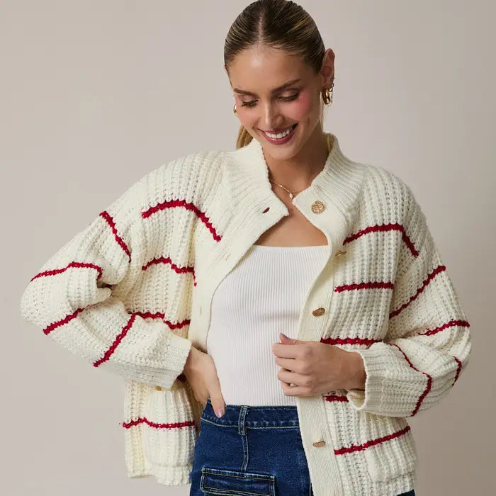 Caroline Chunky Striped Cardigan - White/Red