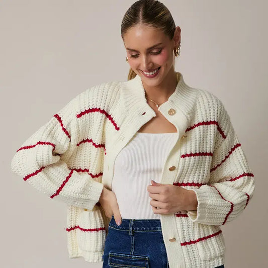 Caroline Chunky Striped Cardigan - White/Red