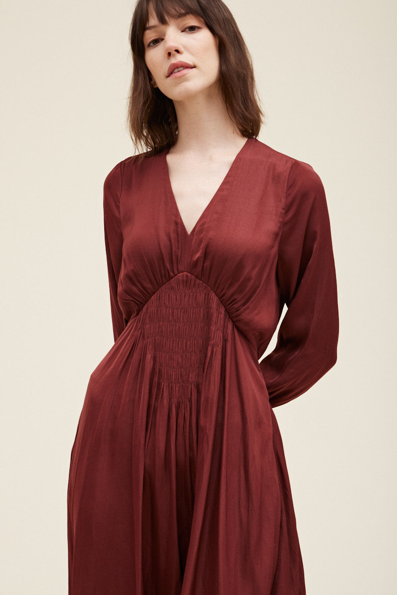 Alessandra Smocked Satin Long Sleeve Dress - Vino