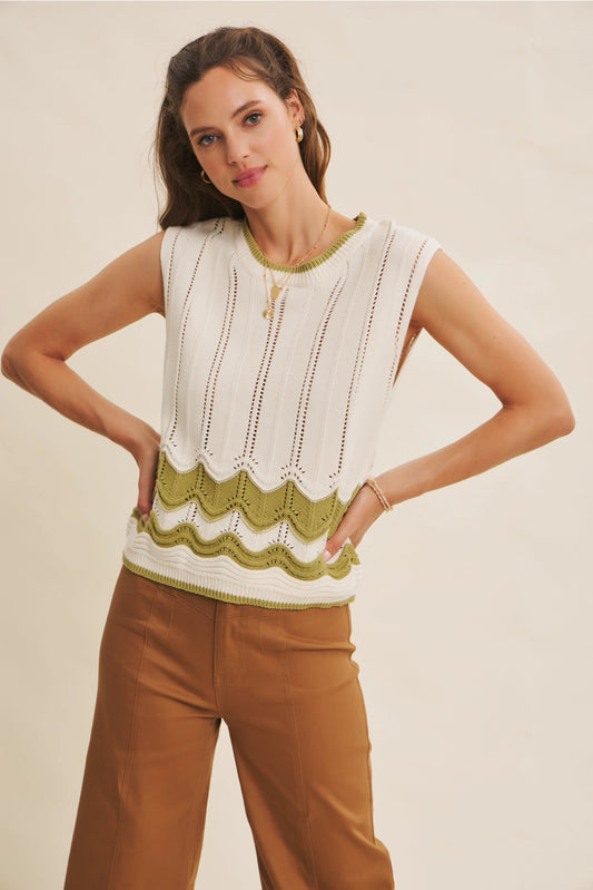 Charlie Cable Knit Sweater Tank - Cream/Sage