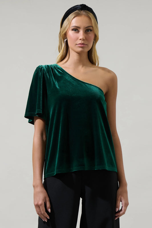 Chelsea Velvet One-Shoulder Top - Emerald