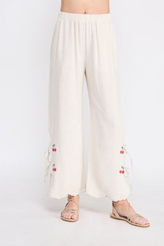 Cherry Embroidered Scallop Pants - Natural