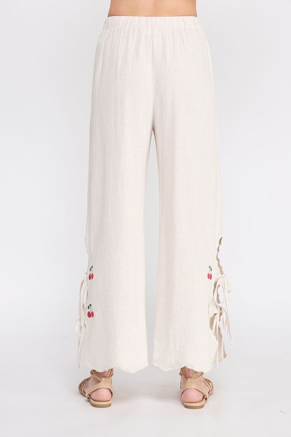 Cherry Embroidered Scallop Pants - Natural