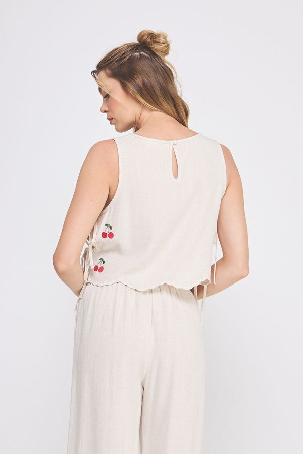 Cherry Embroidered Scallop Tank Top - Natural