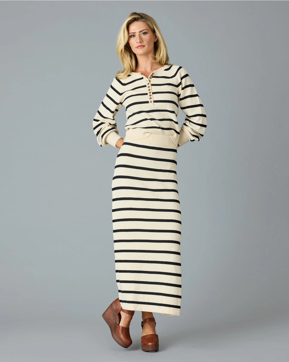 Claire Striped Sweater Maxi Skirt - Black/Ivory