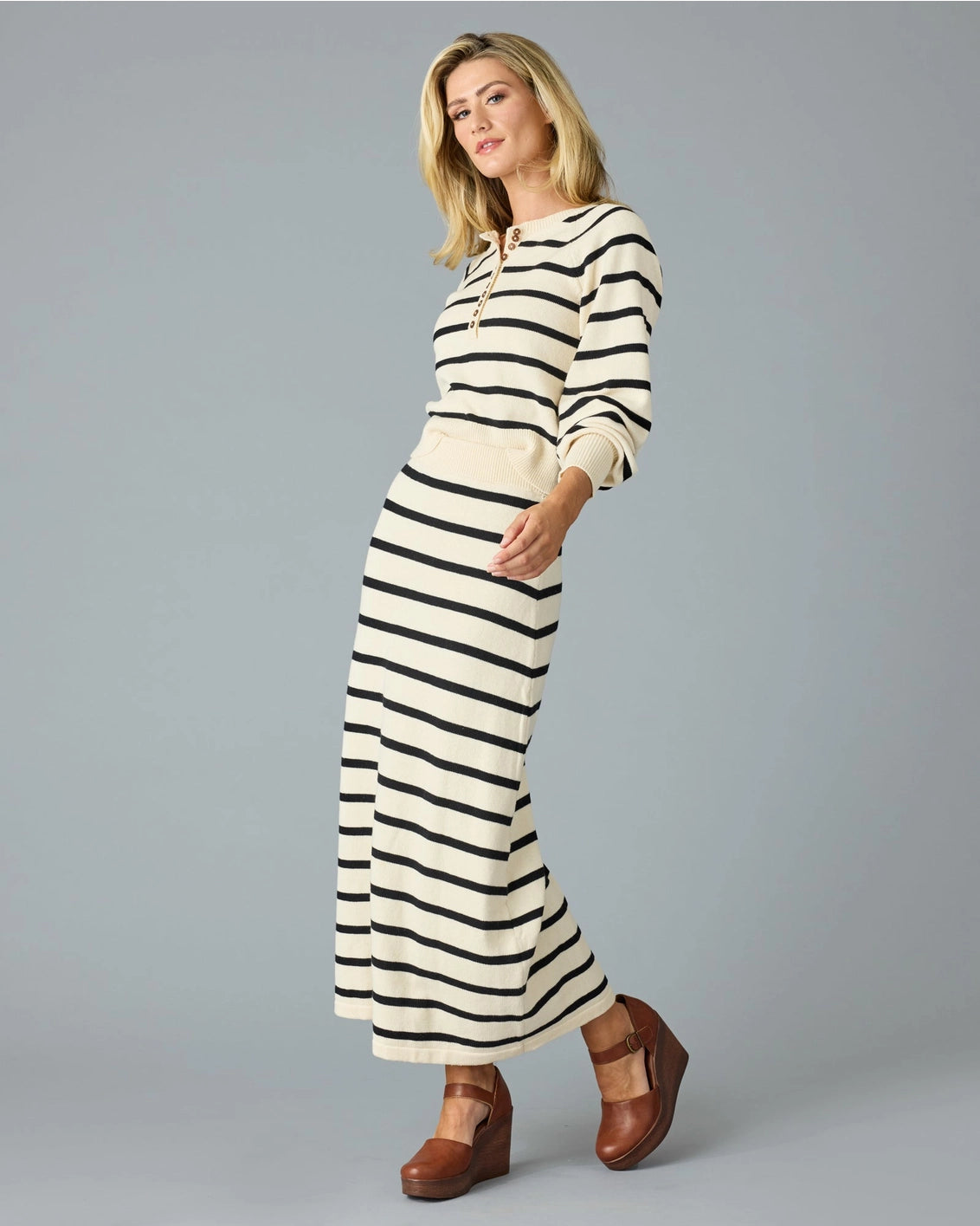 Claire Striped Sweater Maxi Skirt - Black/Ivory