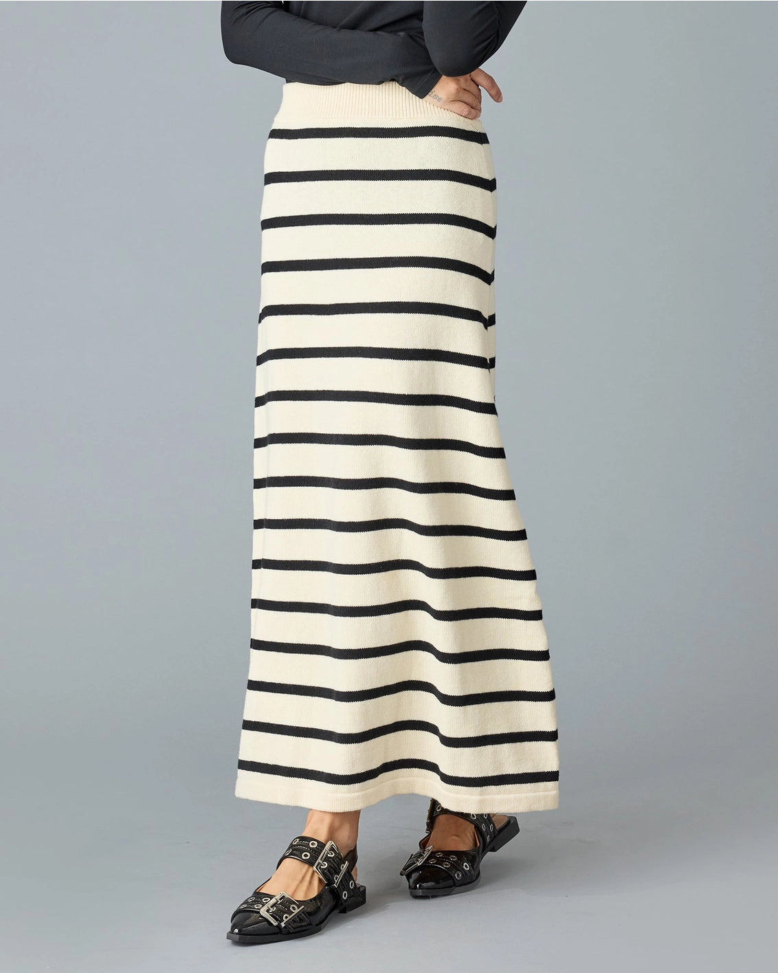 Claire Striped Sweater Maxi Skirt - Black/Ivory