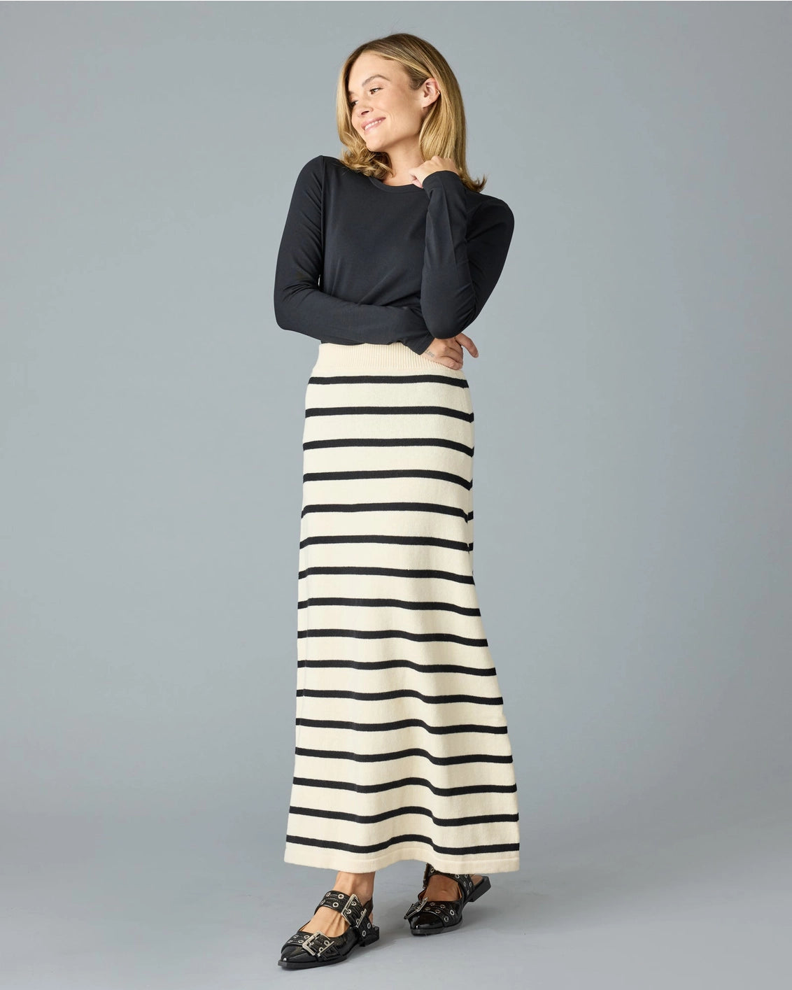 Claire Striped Sweater Maxi Skirt - Black/Ivory