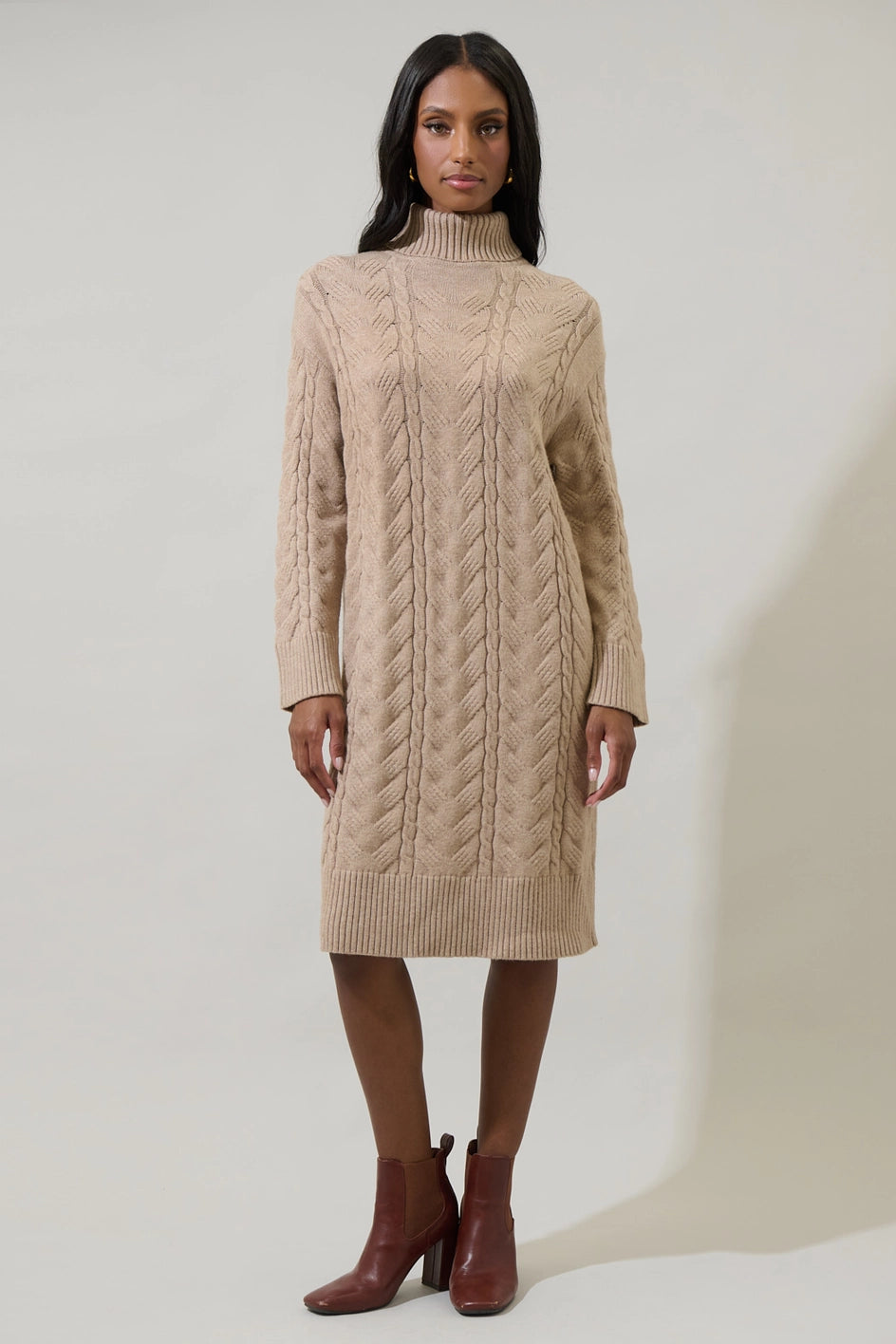 Cleo Cable Knit Sweater Dress - Taupe