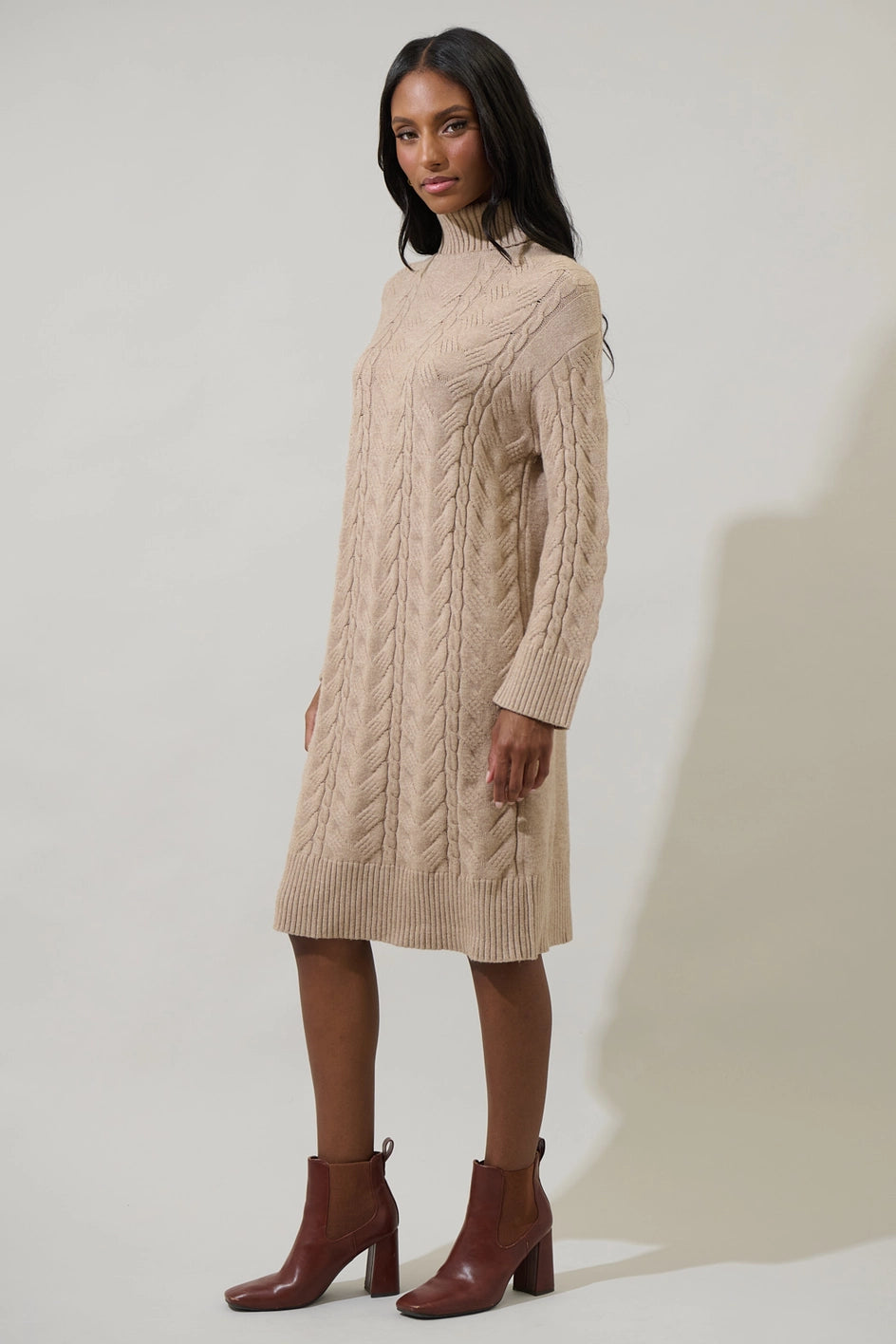 Cleo Cable Knit Sweater Dress - Taupe