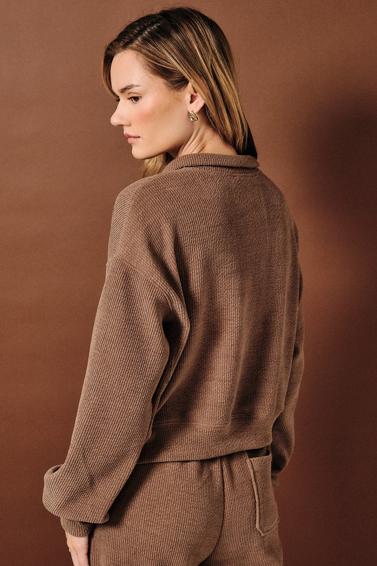 Tatum Collared Half Zip Pullover Top - Mocha