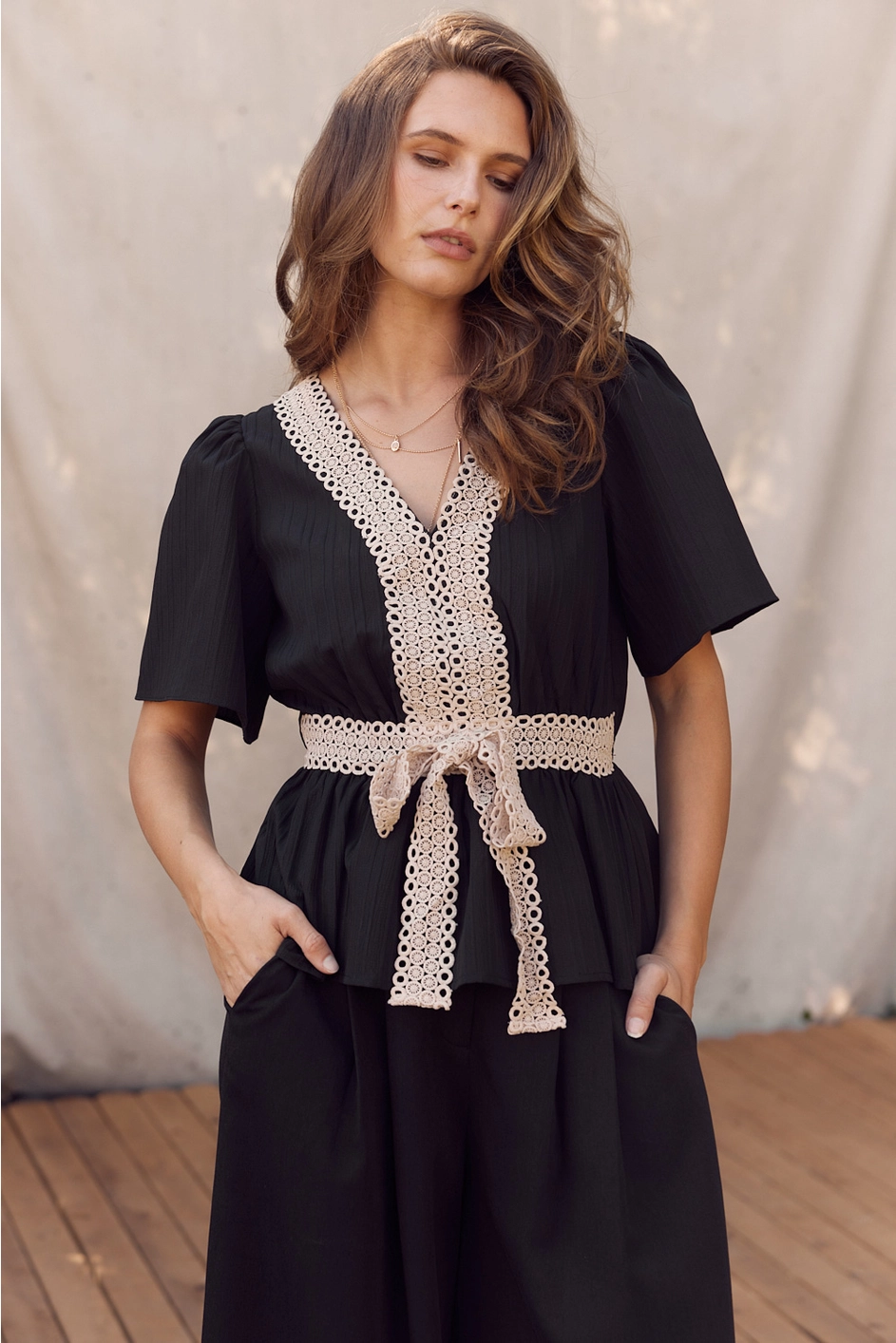 Courtney Lace Textured Woven Blouse - Black/Cream