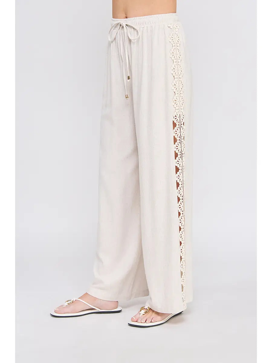 Paloma Crochet Linen Blend Pants - Natural