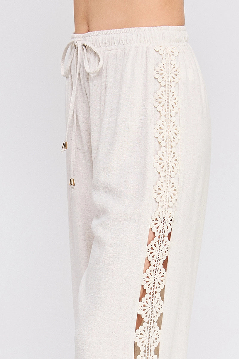 Paloma Crochet Linen Blend Pants - Natural