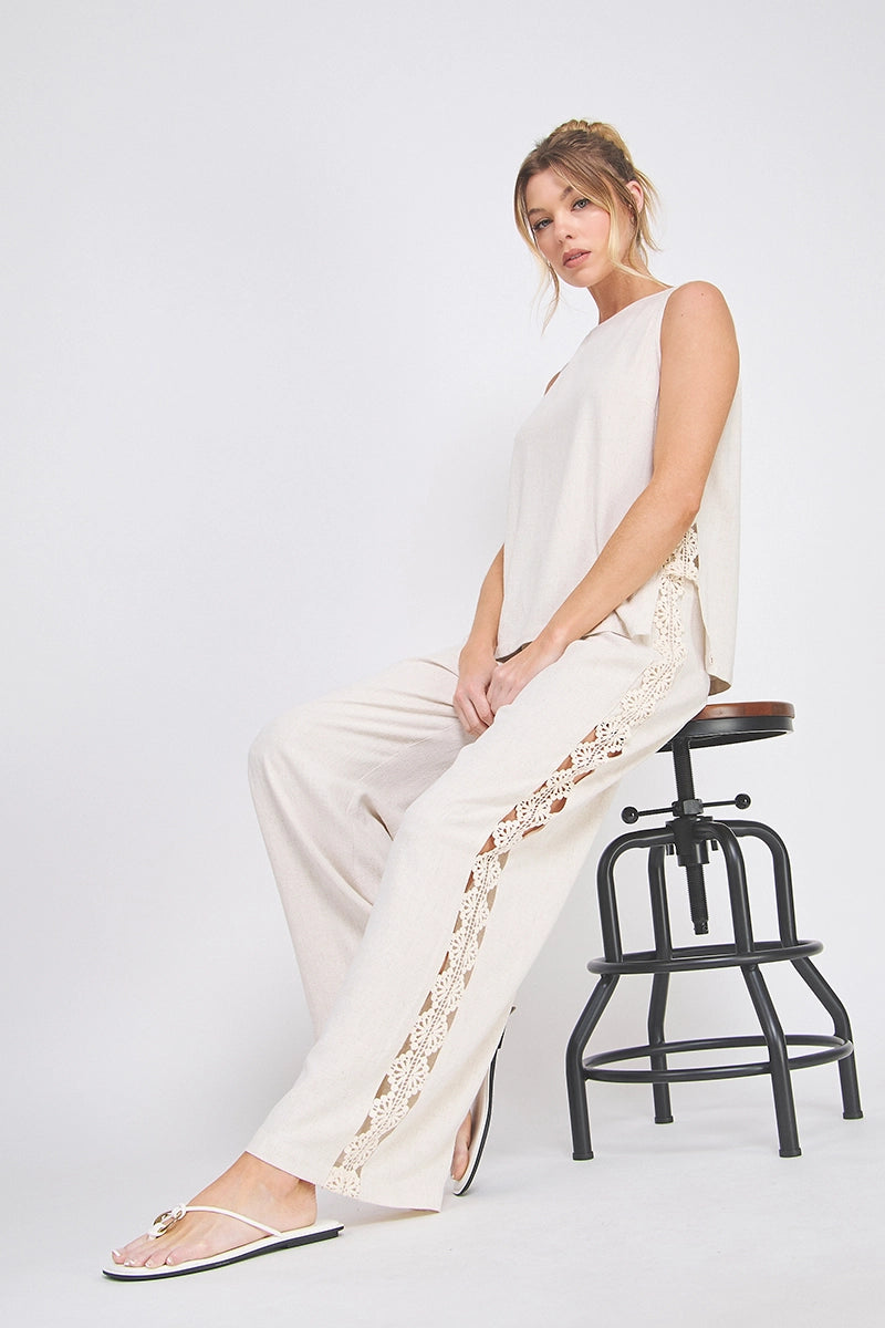 Paloma Crochet Linen Blend Pants - Natural