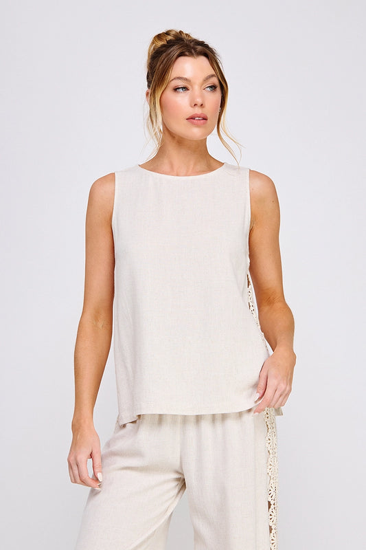 Paloma Crochet Linen Blend Tunic Tank - Natural
