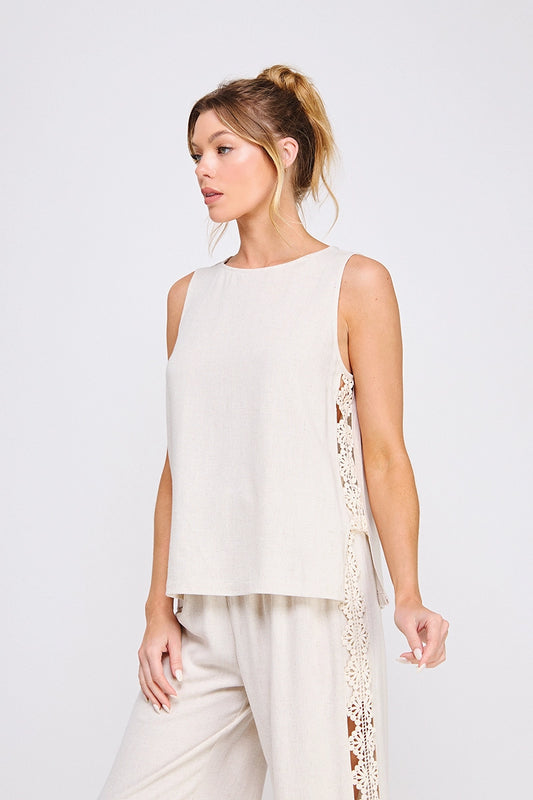 Paloma Crochet Linen Blend Tunic Tank - Natural