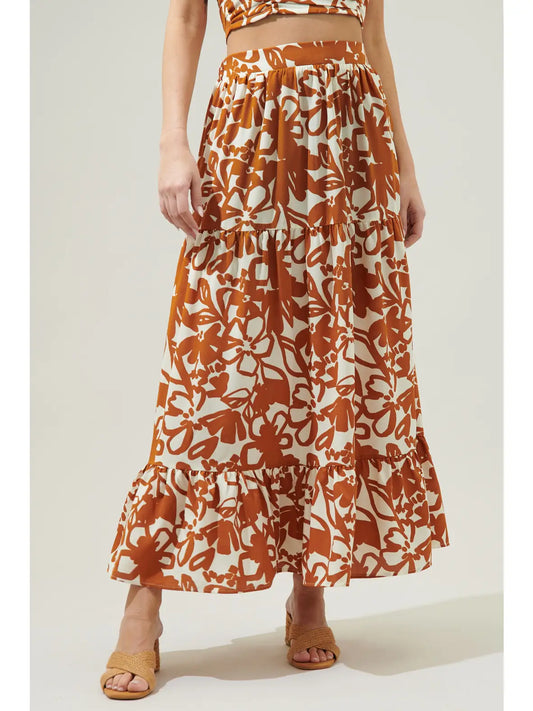 Daniella Floral Flowy Maxi Skirt - Cream/Brown