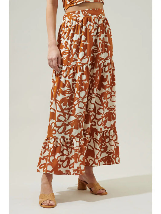 Daniella Floral Flowy Maxi Skirt - Cream/Brown