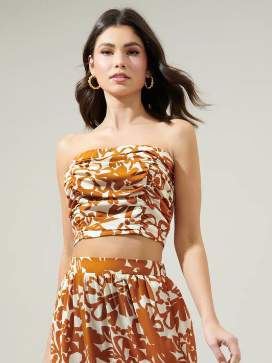 Daniella Caramel Floral Pleated Tube Top - Cream/Brown