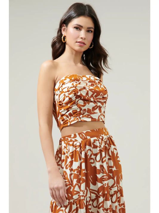 Daniella Caramel Floral Pleated Tube Top - Cream/Brown