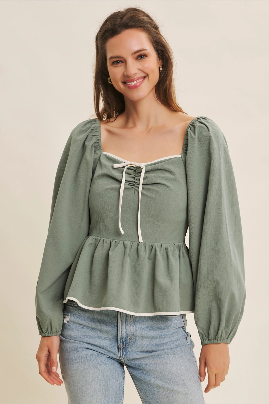 Eden Long Sleeve Peplum Top - Dusty Green/Ivory