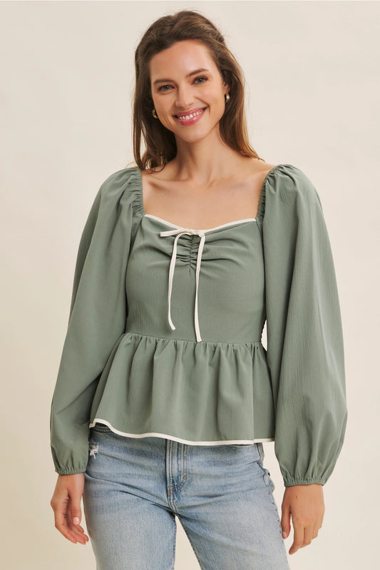 Eden Long Sleeve Peplum Top - Dusty Green/Ivory