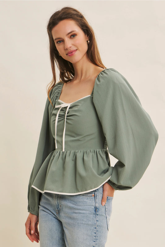 Eden Long Sleeve Peplum Top - Dusty Green/Ivory