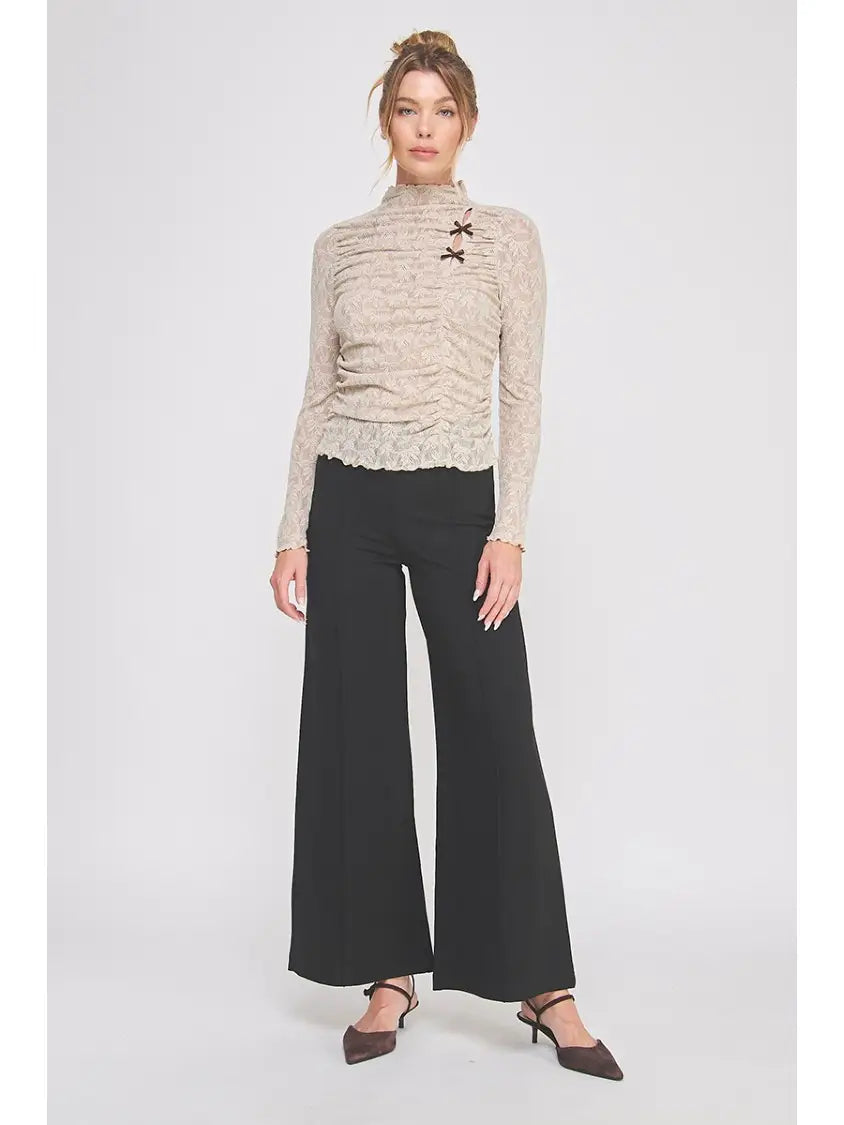 Eloise Bows Lace Knit Top - French Beige/Brown
