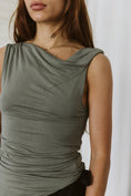 Load image into Gallery viewer, Emilia Asymmetrical Twist Shoulder Ruched Top - Olive
