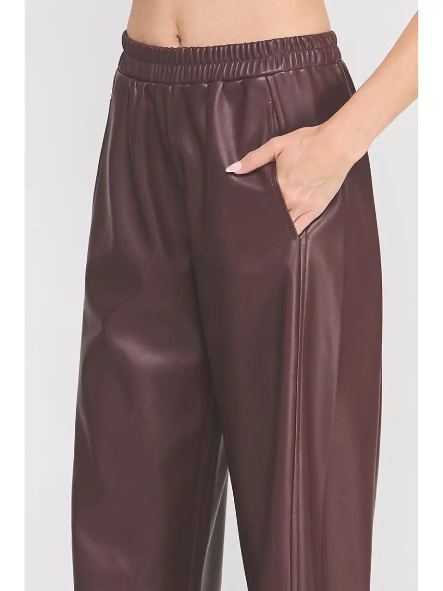 Mora Faux Leather Wide Leg Pants - Wine