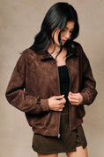 Load image into Gallery viewer, Emery Faux Suede Collared Zip Bomber Jacket - Brown
