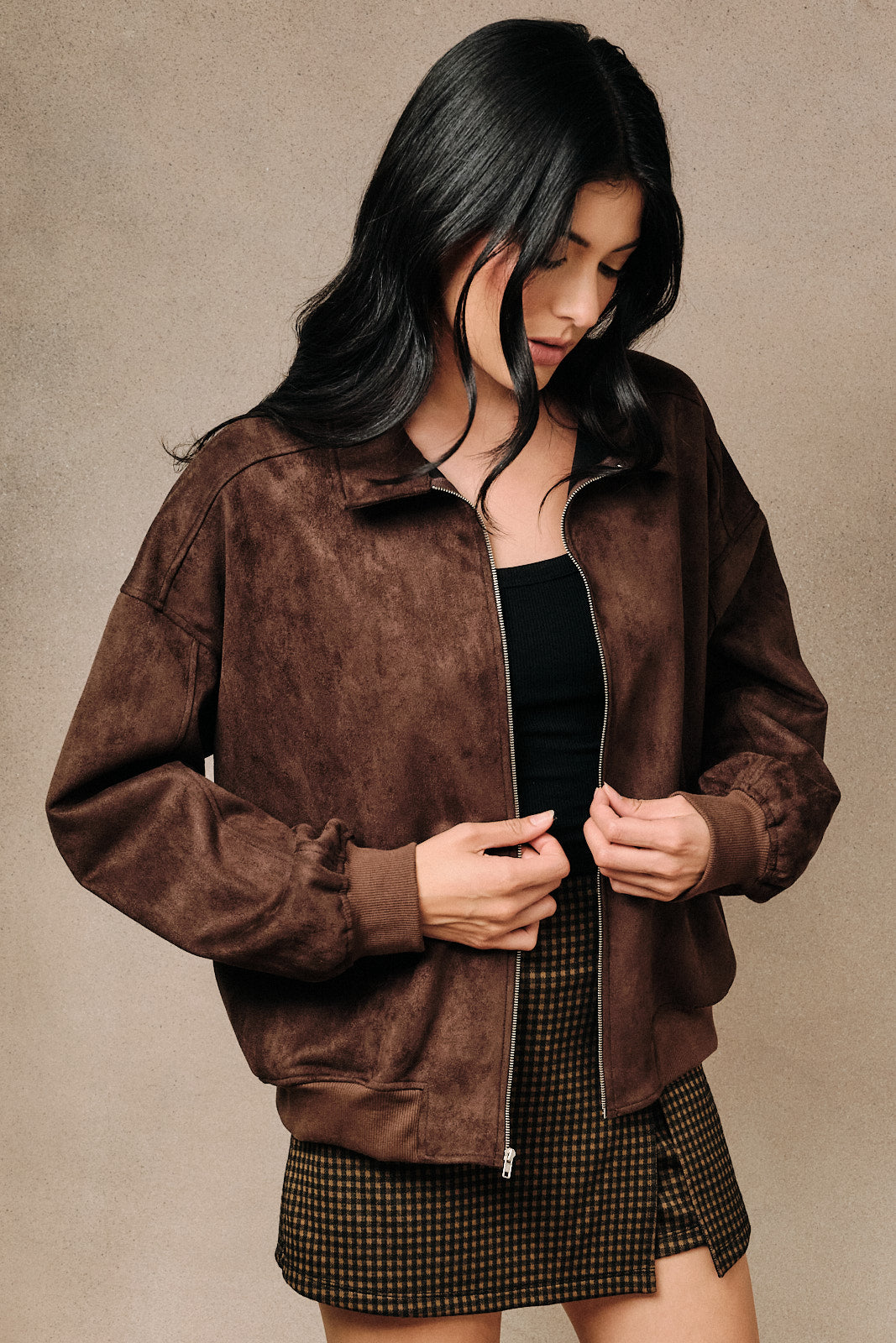 Emery Faux Suede Collared Zip Bomber Jacket - Brown