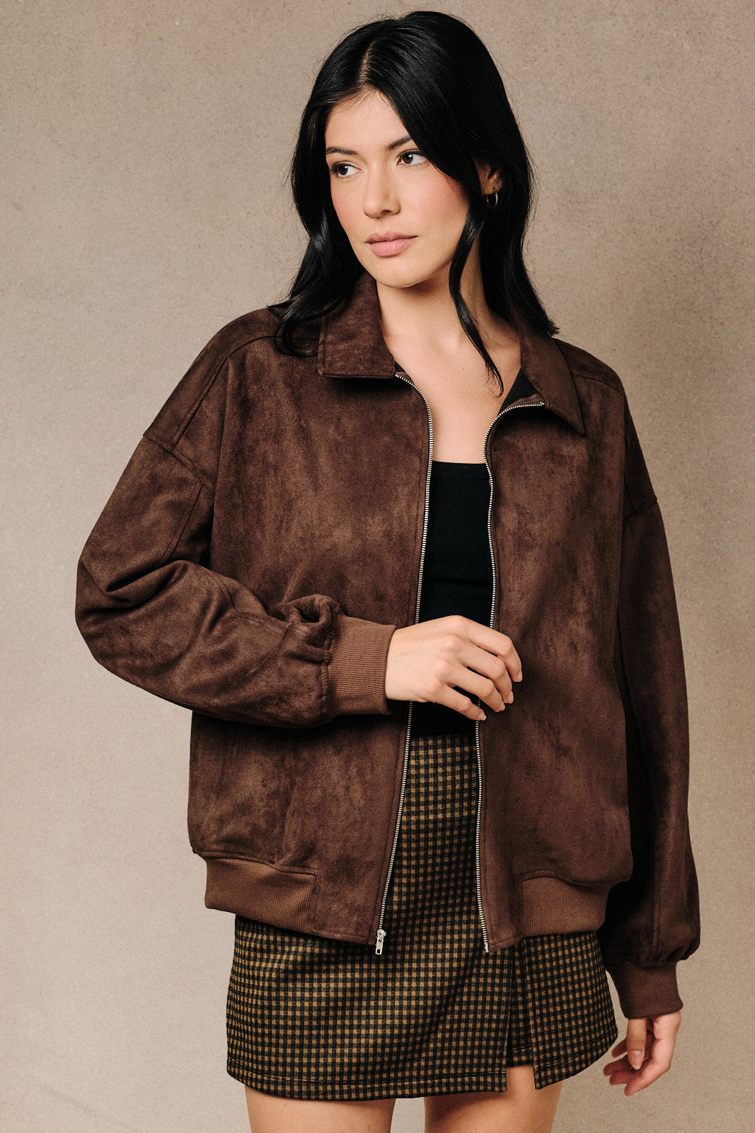 Emery Faux Suede Collared Zip Bomber Jacket - Brown