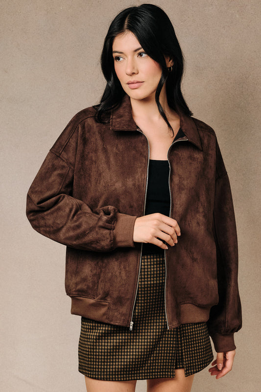 Emery Faux Suede Collared Zip Bomber Jacket - Brown