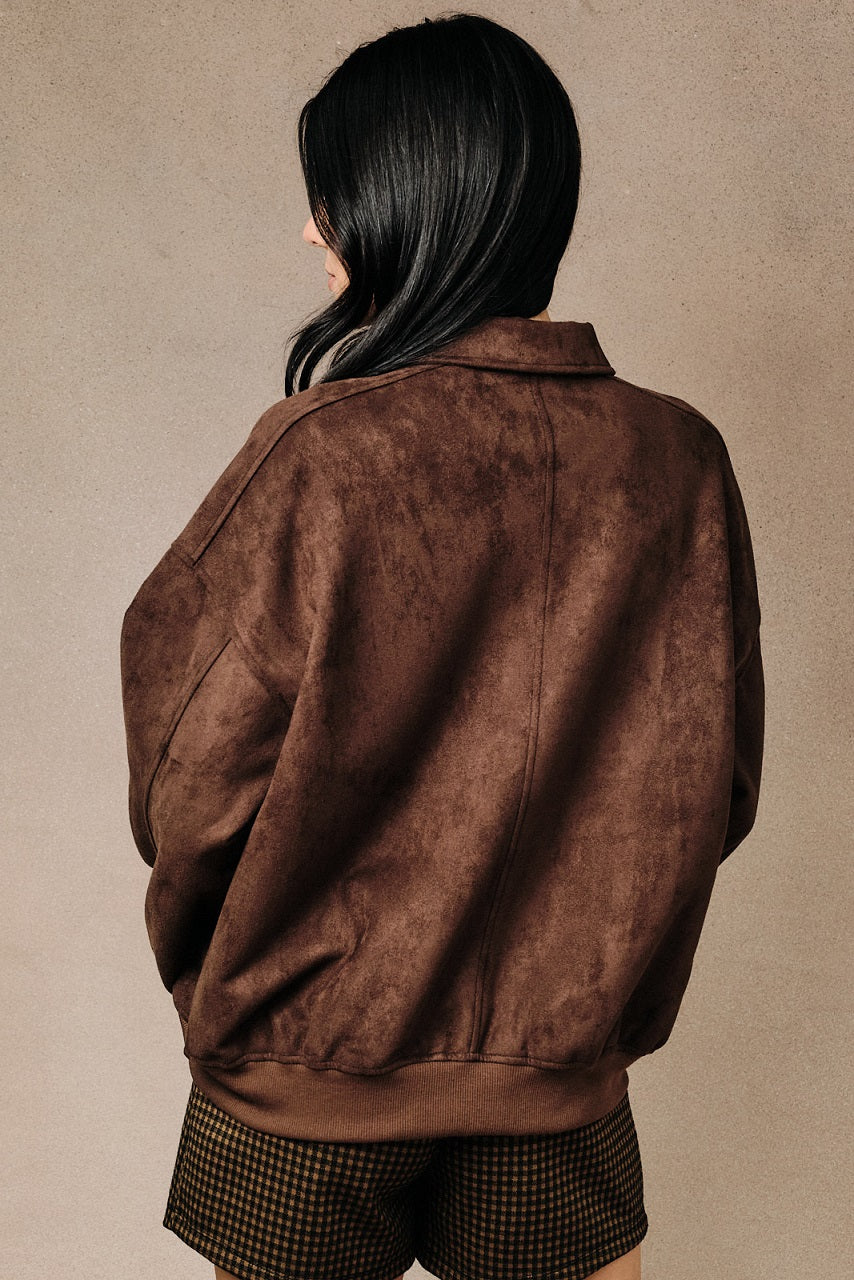 Emery Faux Suede Collared Zip Bomber Jacket - Brown