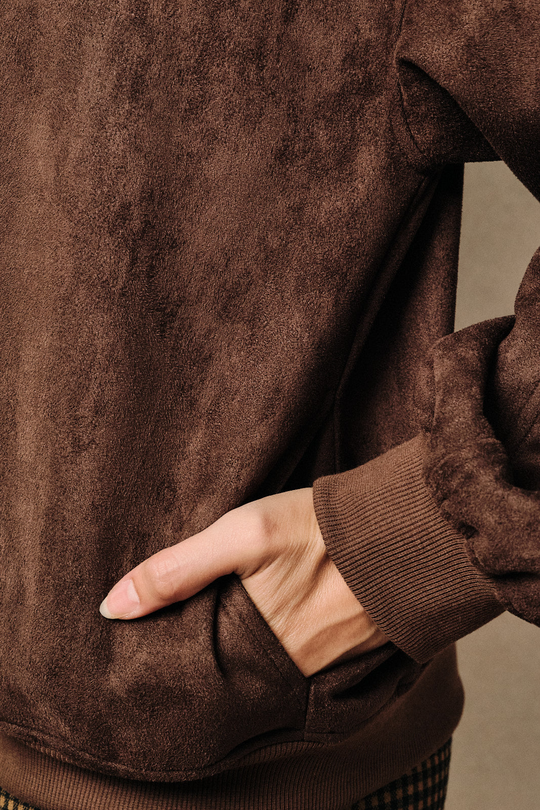 Emery Faux Suede Collared Zip Bomber Jacket - Brown
