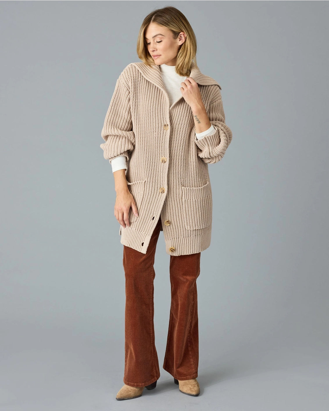 Faye Shawl Collar Long Cardigan - Cobblestone