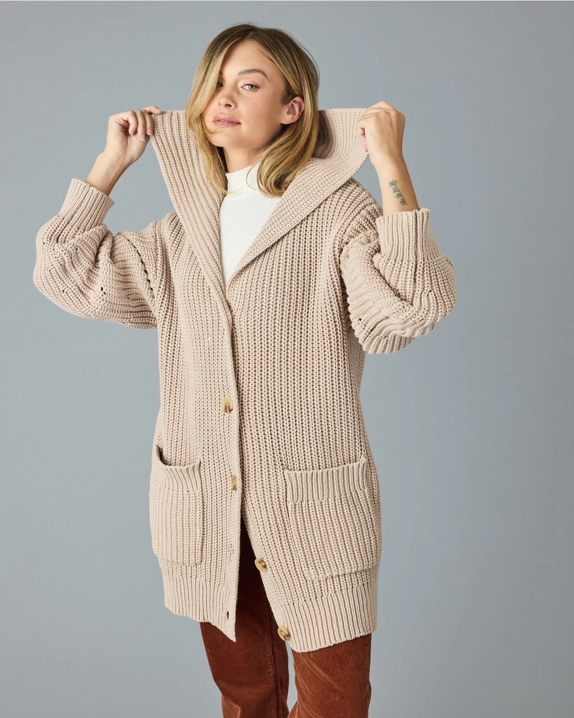 Faye Shawl Collar Long Cardigan - Cobblestone